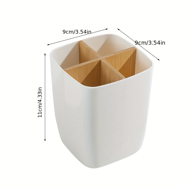 1pc Bamboo-Like Plastic Desk Organizer with Pen Holder &amp; Jewelry Storage - 3/4 Compartment Standalone Multi-Purpose Box for Office, Bathroom, Bedroom - Storage Shelf for Earrings, Rings, Makeup, Small Items (Low, Desk &amp; Drawe