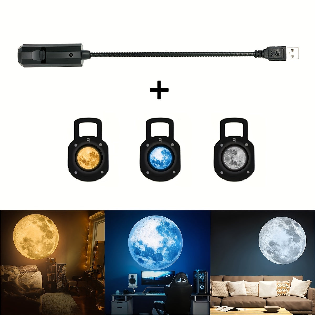 Set lampe LED projection lune 4 pcs 1 lumière principale + 3 couleurs (jaune, blanc, bleu), USB, portable, rotation 360°, idéale pour plafond, chambre ou décor événementiel.