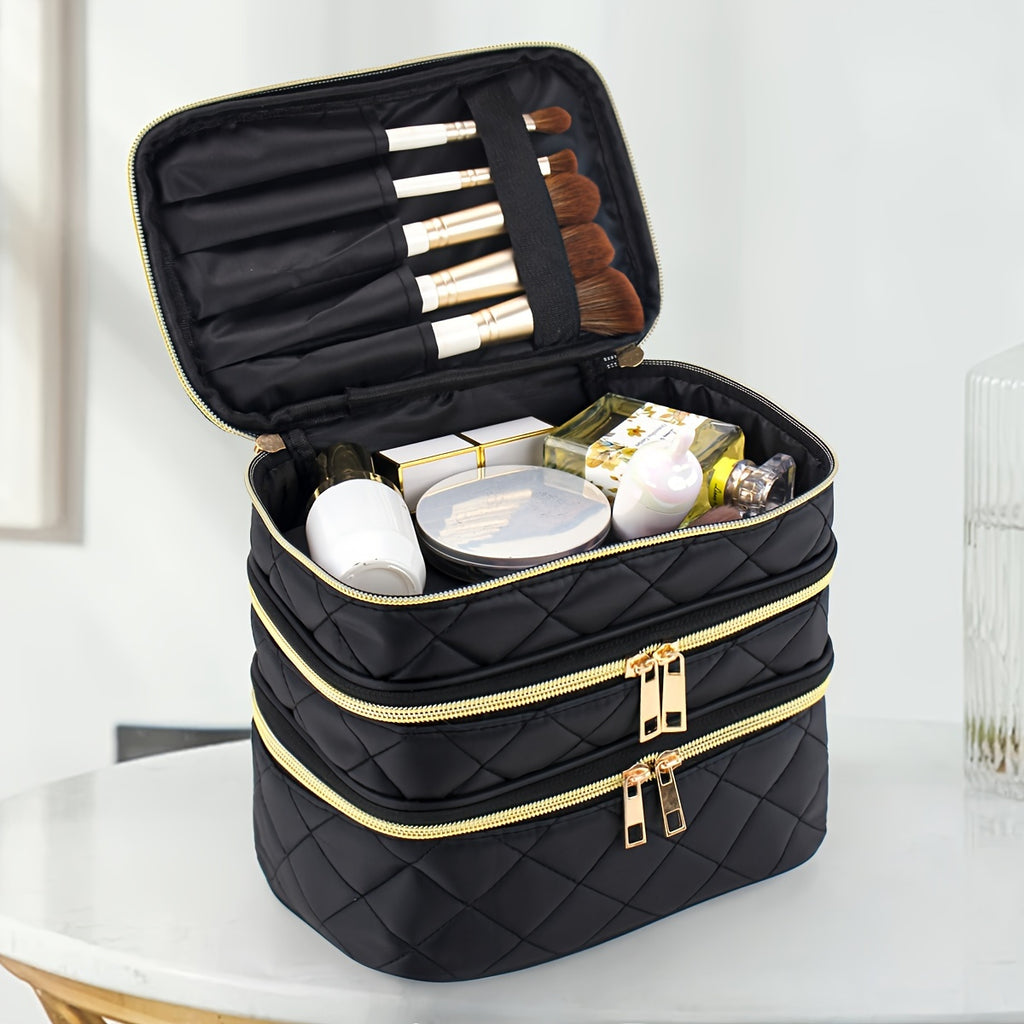 Unisex-adult Quilted Cosmetic Bag - 3-Layer Large Storage Pouch with Handles, Polyester Unscented Travel &amp; Home Organizer