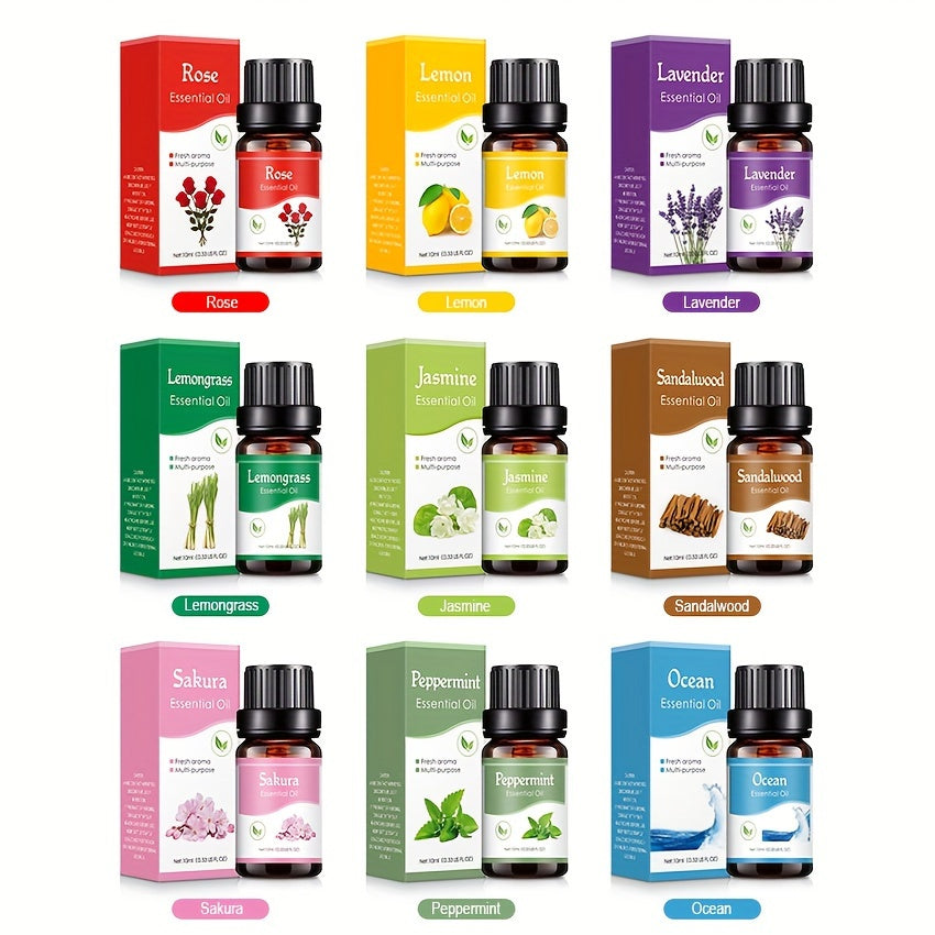 Huile essentielle 10 ml multi-arômes Lavande, citron, océan, rose, parfum durable, idéale pour diffuseur, humidificateur, voiture, bougies, maison ou hôtel.