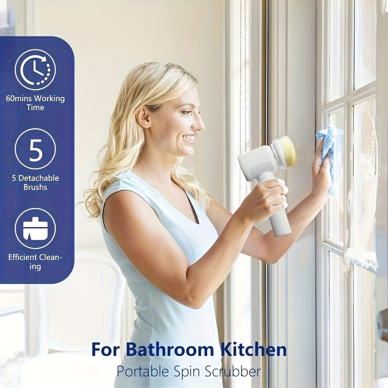 Laveur électrique portable : 5 brosses interchangeables pour baignoires, sols, carrelages, plaques, vitres et éviers. Nettoyage facile et efficace.