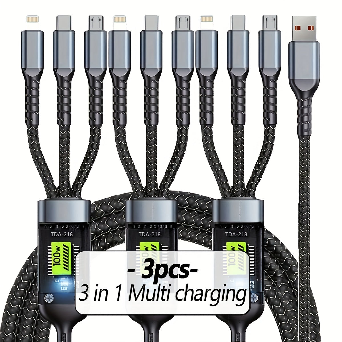 Câble de charge 3-en-1 multi-USB, tressé nylon, ports Type-C et Micro USB, charge rapide, compatible téléphones et tablettes, pratique et durable.