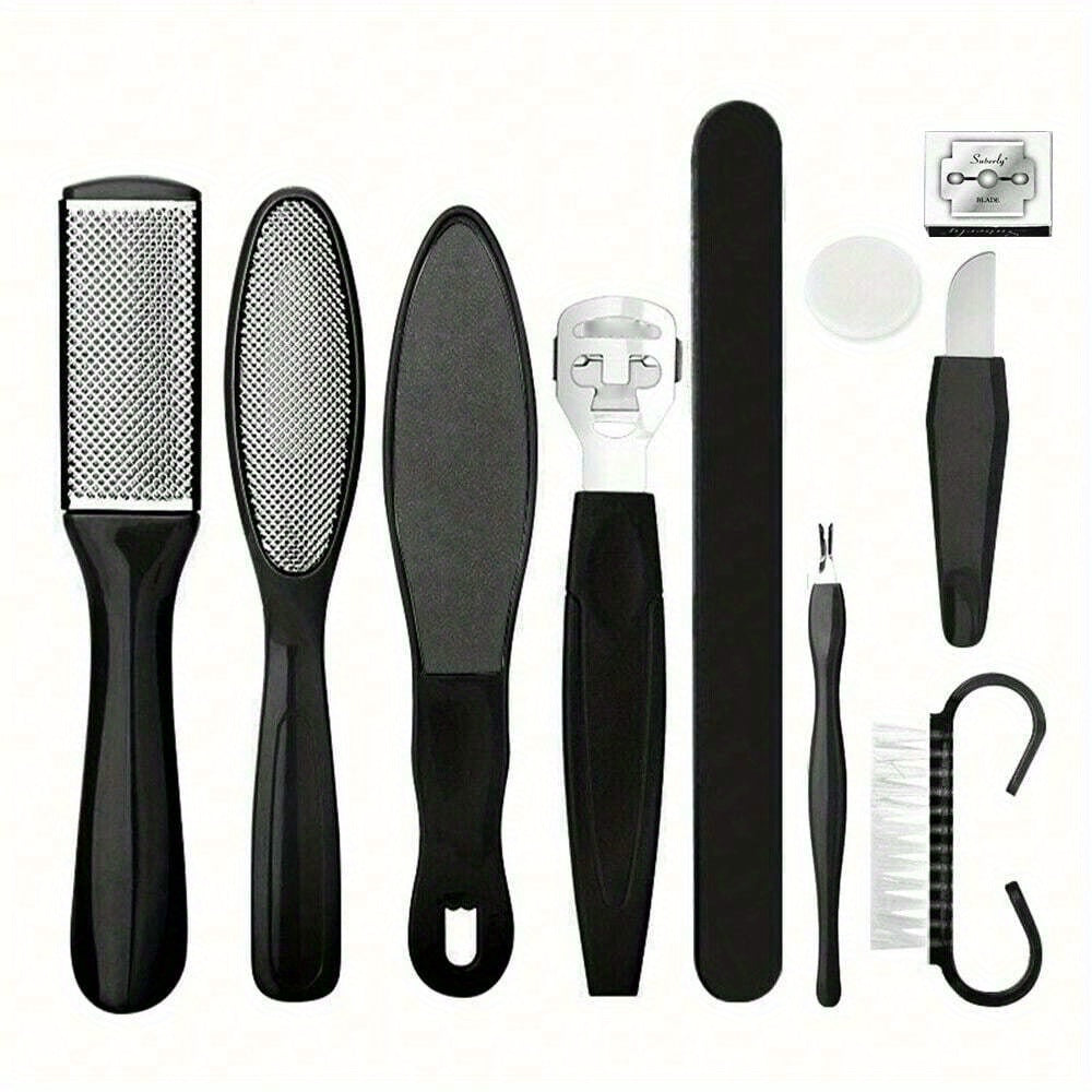 Kit pédicure 10 pièces, 30,48 cm, exfoliant et râpe pieds, élimine callosités et peaux mortes, plastique sans parfum, soin maison efficace.