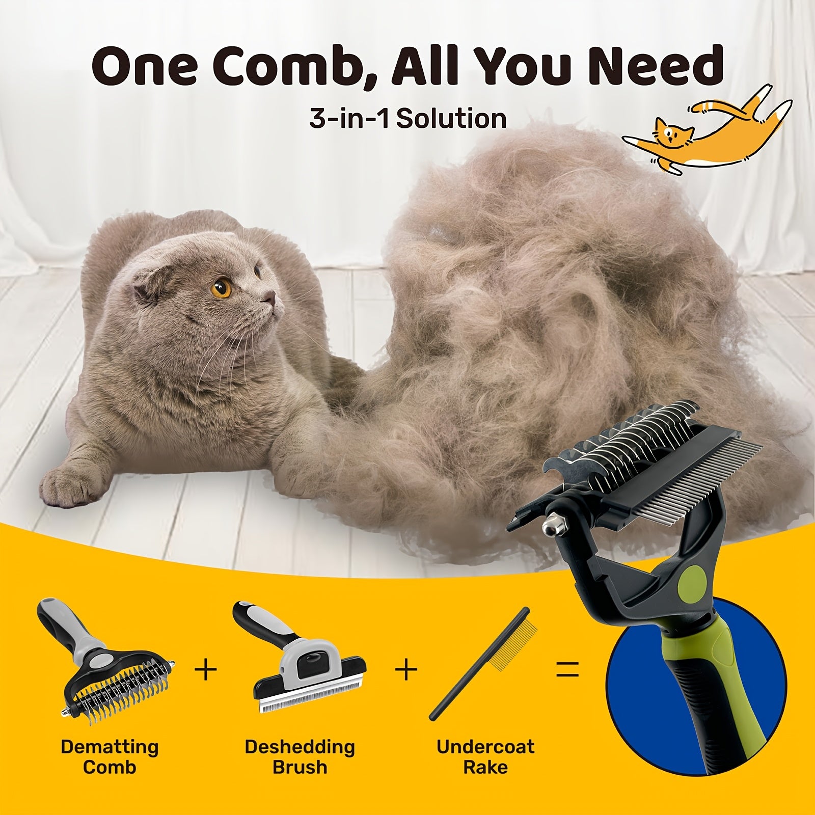 Outil de toilettage 3-en-1 pour animaux. Râteau sous-poil, brosse slicker, peigne démêlant pour poils longs et courts, idéal pour chiens et chats.