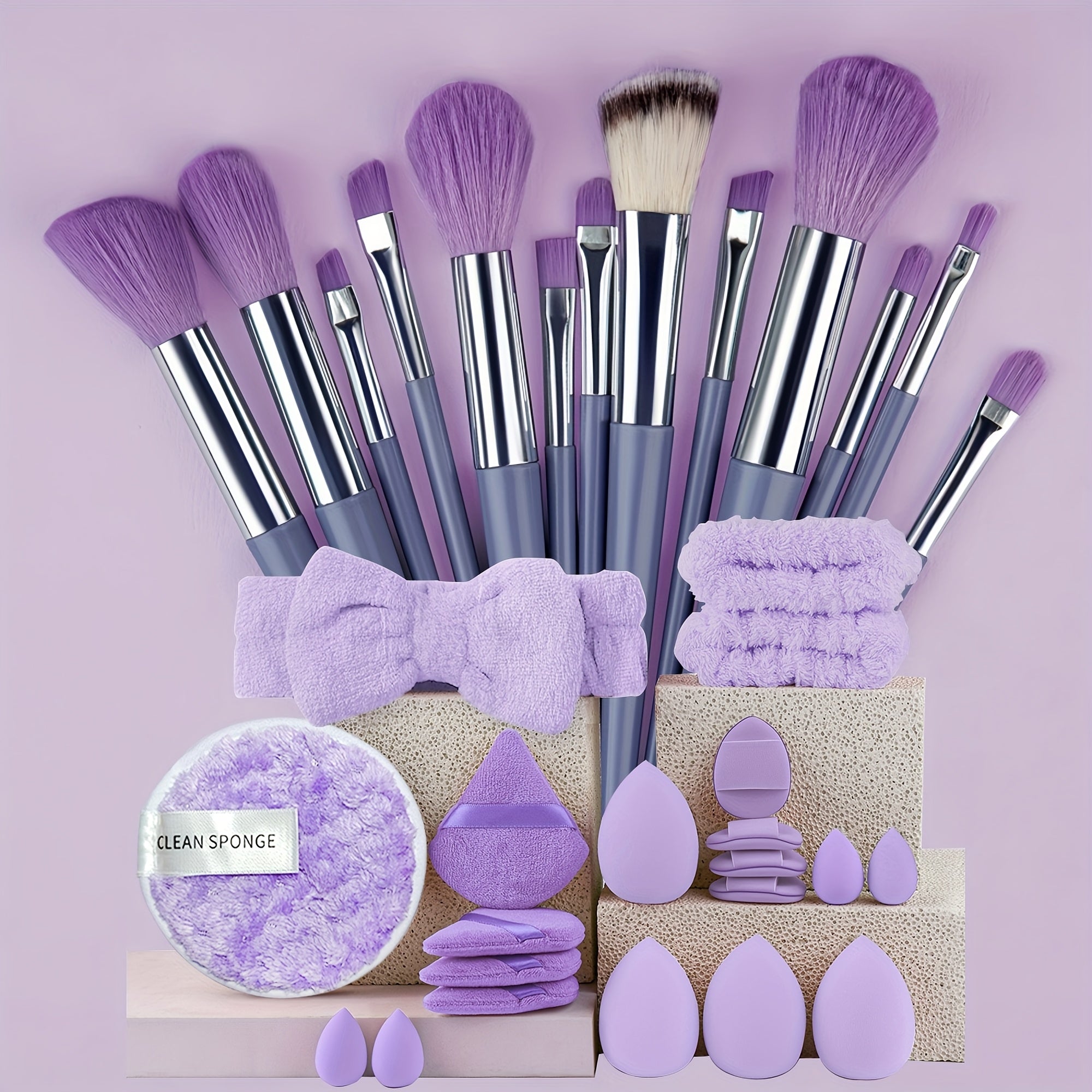 13/20/33pcs Professional Makeup Brush Set with Accessories Kit Includes High-Quality Nylon Bristled Brushes, Headband, Wristbands, Makeup Remover Puff, Triangular Velvety Puffs, Finger Puffs, Large &amp; Small Beauty Sponges ABS