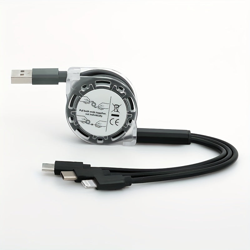 Câble USB rétractable 3-en-1, compatible iPhone, Android Type-C et Micro USB, charge rapide pour Samsung, Xiaomi, OnePlus, OPPO, VIVO et autres.