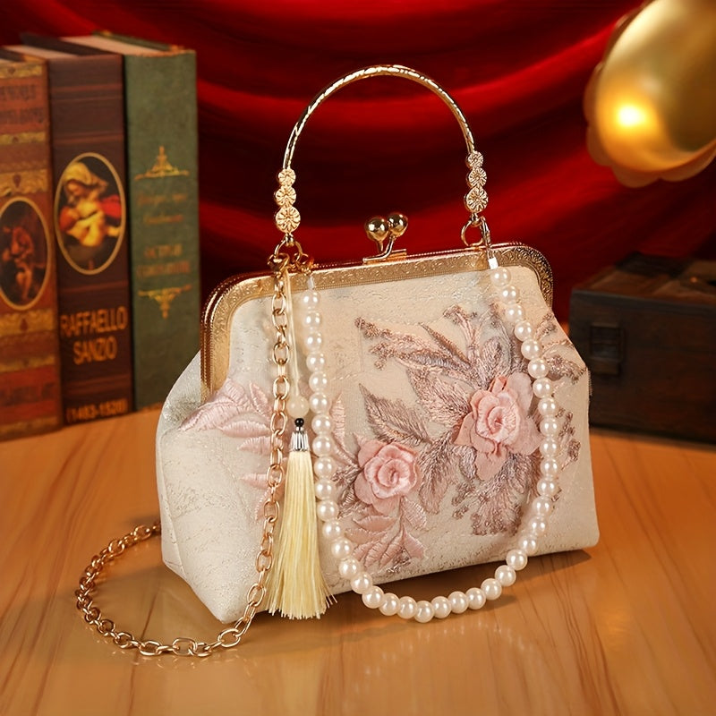 Pochette de soirée en dentelle florale élégante, bandoulière amovible, tissu vintage avec perles et métal doré, broderie raffinée pour fêtes et banquets.