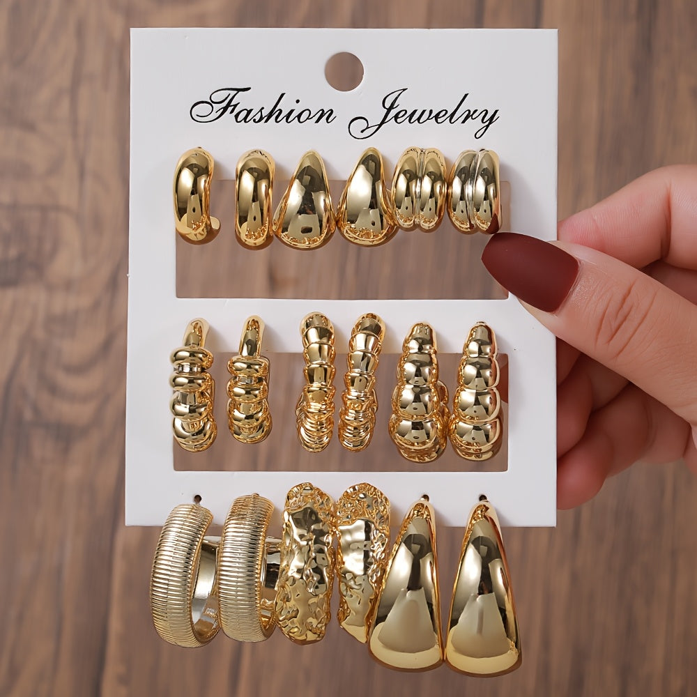 Lot de 6 ou 9 paires de boucles d’oreilles résine en C oversized, parfaites pour fêtes et cadeaux féminins.