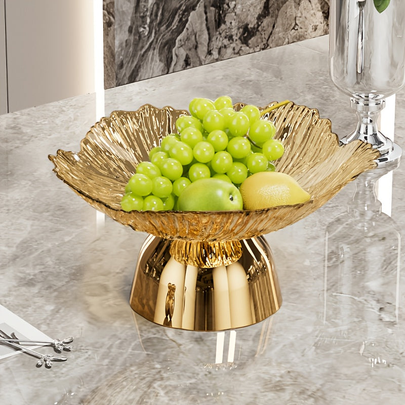 Bol à fruits élégant en forme de pétale Base dorée, plastique sûr pour aliments, idéal pour maison, fêtes ou restaurants, parfait pour servir raisins, pommes et oranges.