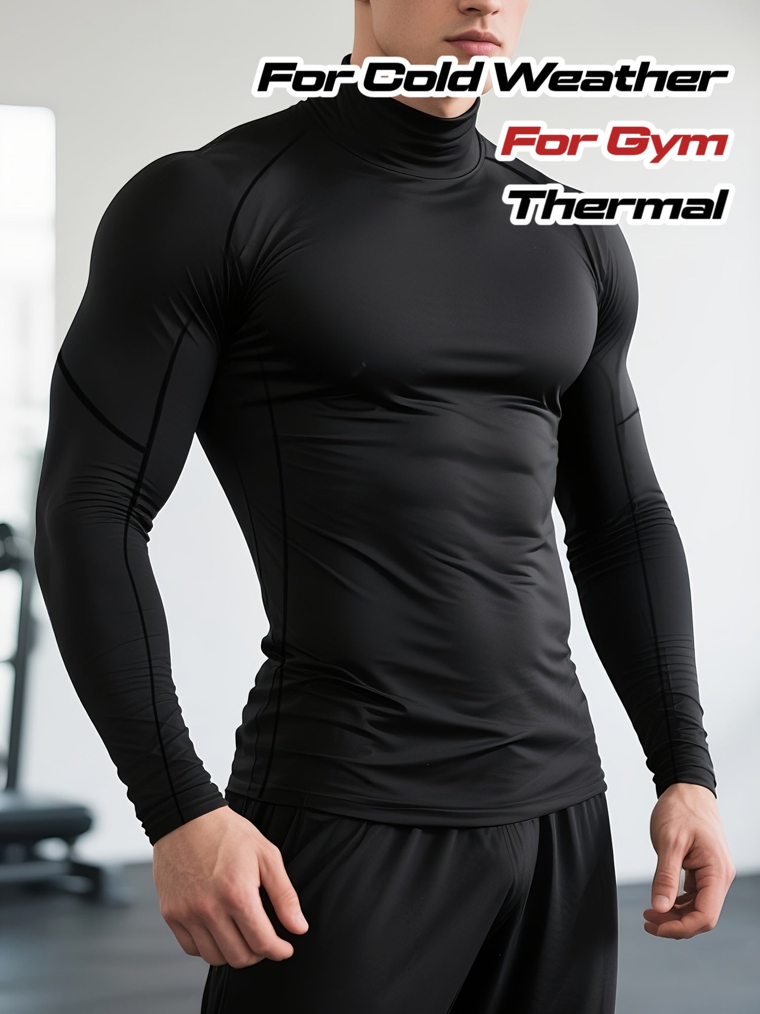 T-shirt thermique homme à manches longues, slim fit, tissu extensible, col montant, idéal pour sport, course et activités extérieures en conditions froides.