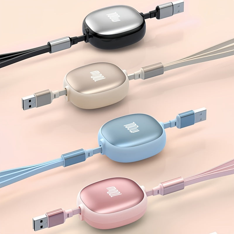 Câble USB rétractable 3-en-1, charge rapide 100 W, compatible USB-C/Micro USB/iPhone, transfert données 480 Mbps, alimentation ≤36 V.