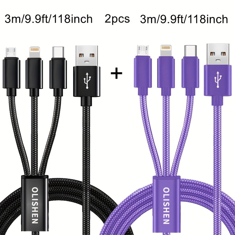 2pcs 3-in-1 Fast Charging Cable | Durable Nylon Braided, Compatible with iPhone, Samsung, Xiaomi, Oppo, Vivo, Redmi, OnePlus & More, Supports USB Charging, 10W Output Power