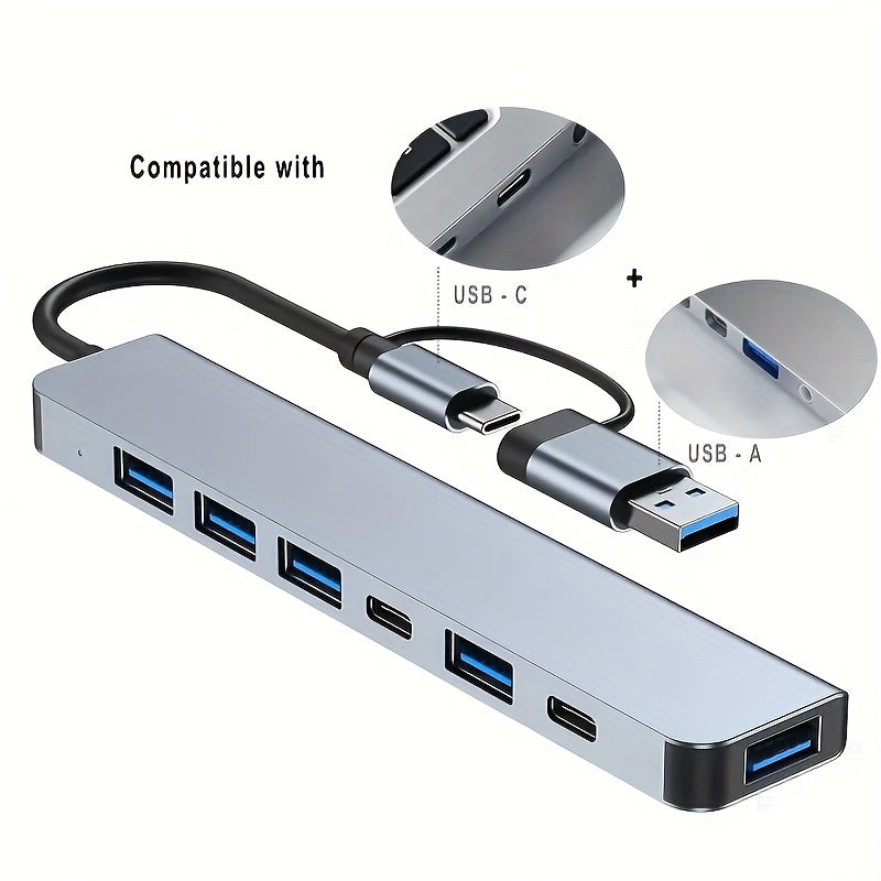 Adaptateur USB 3.0 7-en-1 à haute vitesse, expansion multiport avec connecteurs Type-C et USB-A, compatible tablettes, alimentation USB 5 V.