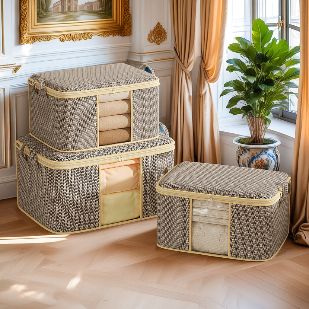 TUZA 1pc Large Heavy-Duty Soft Non-Woven Fabric Storage Bag with Zipper Closure, 4 Carry Handles &amp; Window - Queen/King Comforter, Bedding, Blanket, Clothes Organizer - Heavy Items Capacity (Bed Pillows, Protectors)