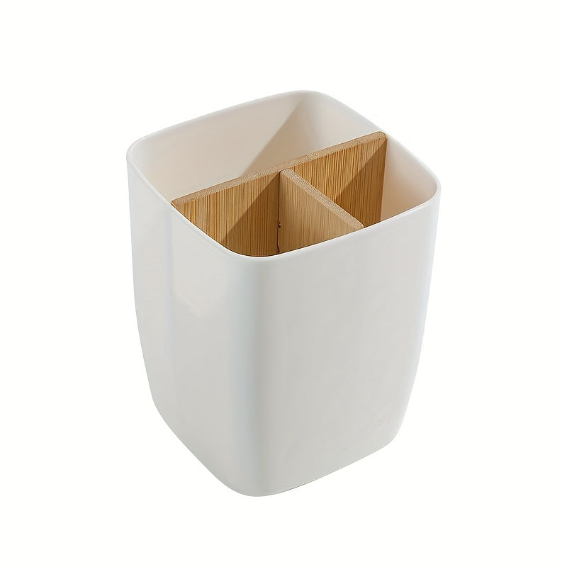 1pc Bamboo-Like Plastic Desk Organizer with Pen Holder &amp; Jewelry Storage - 3/4 Compartment Standalone Multi-Purpose Box for Office, Bathroom, Bedroom - Storage Shelf for Earrings, Rings, Makeup, Small Items (Low, Desk &amp; Drawe