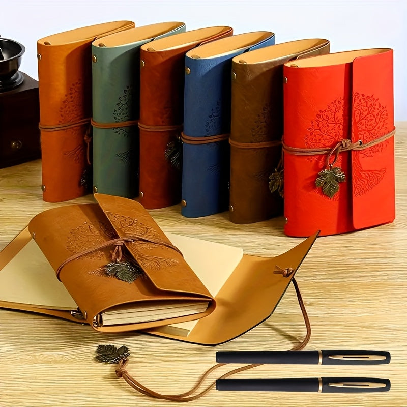 Coffret 3 pièces : carnet spiral vintage en cuir PU et 2 stylos gel noir et doré, design arbre, idéal pour écriture, croquis et voyage.