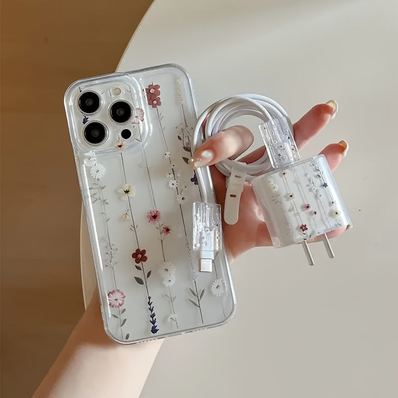 5pcs Set: 1 Transparent Phone Case with Colorful Flower Design + 1 Charger Protector + 2 Cable Protectors + 1 White Soft   Cable Ties Suitable for iPhone 16/16 Pro/16 Pro Max/16 Plus/11/11 Pro/11 Pro Max/12/12 Pro/12 Pro Max/