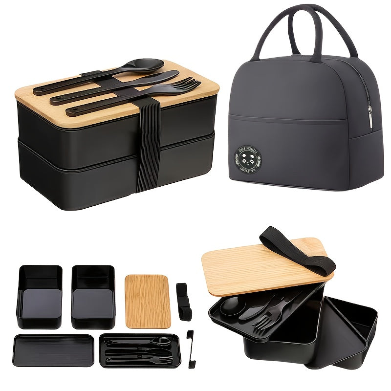Japanese-Style Bento Box with Insulated Bag &amp; Bamboo Lid - Microwave-Safe Large Lunch Box, Multi-Compartment PP/Wood Meal Container for, Office, Travel - Portable Japanese Lunch Tote with Dividers (No Leak)