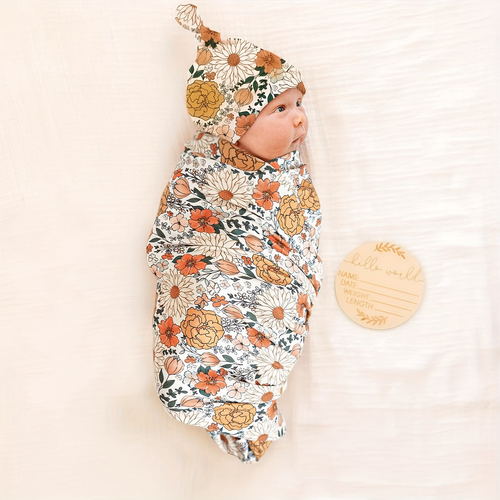 CINCOBEBÉ Newborn Swaddle Blanket &amp; Hat Set - Soft Polyester Baby Wrap with Floral Pattern, Machine Washable, Includes Headband &amp; Monthly Card, Perfect Gift for Boys and Girls, Newborn Essentials|Floral Pattern Blanket|Polye