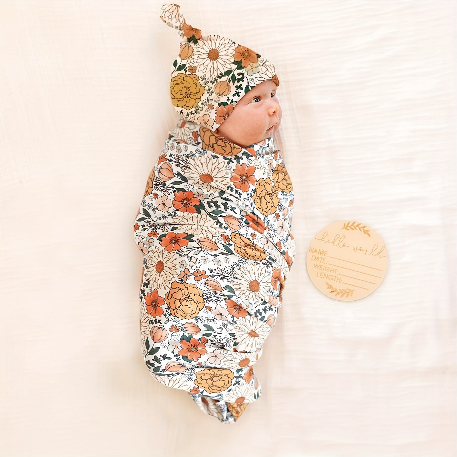 CINCOBEBÉ Newborn Swaddle Blanket &amp; Hat Set - Soft Polyester Baby Wrap with Floral Pattern, Machine Washable, Includes Headband &amp; Monthly Card, Perfect Gift for Boys and Girls, Newborn Essentials|Floral Pattern Blanket|Polye