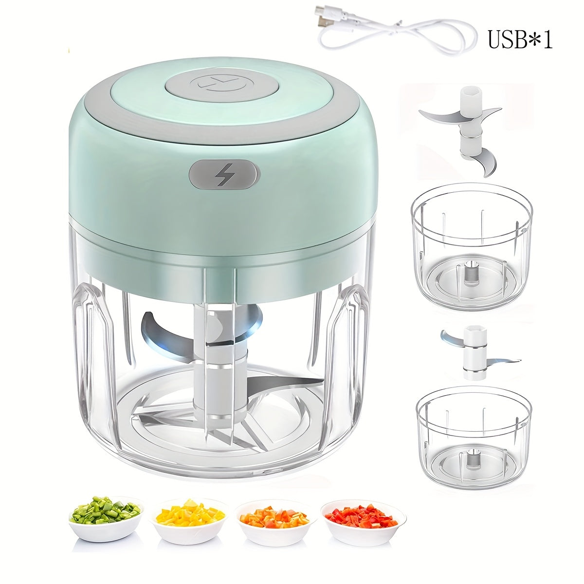 Mini robot culinaire 250 ml avec 3 lames en acier inoxydable, hache viande, légumes et fruits, compact, électrique, pratique pour préparation repas maison.