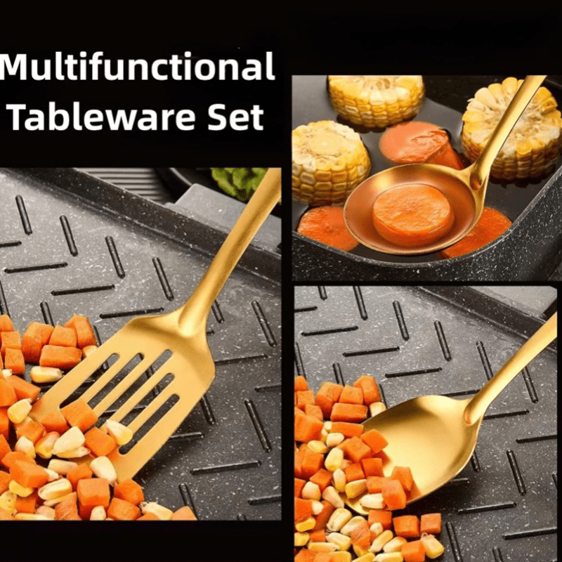 6pcs Korean-Style Stainless Steel Gold-Plated Kitchen Utensil Set: Essential Cooking Ladle, Strainer Spoon, and Frying Spatula for Home Use - Luxurious Golden Soup Spoon, Colander, and Hot Pot Ladle Perfect for Cooking, Buffe