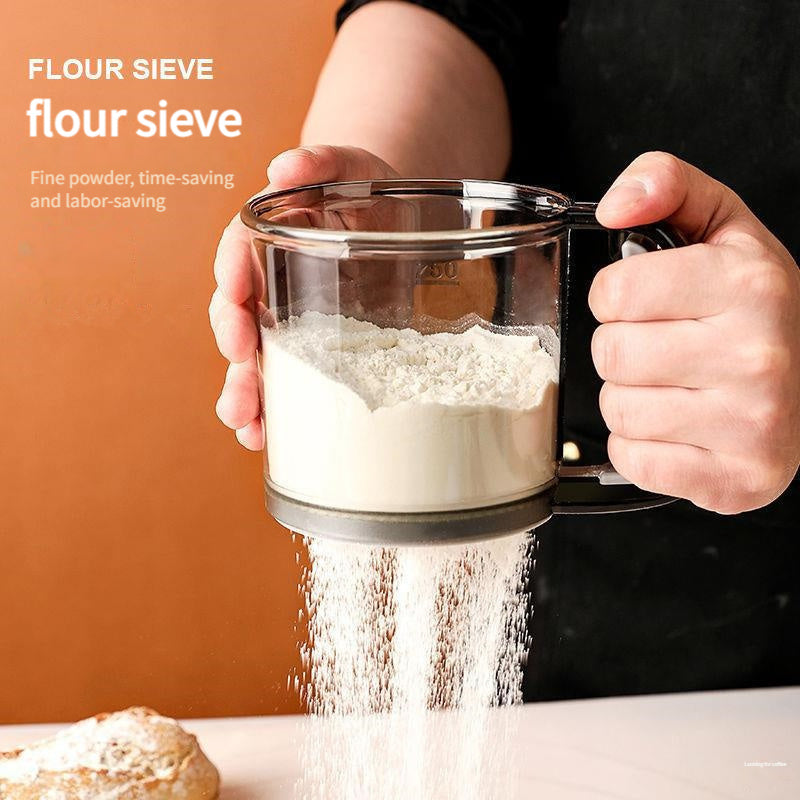 Tamis à Farine Semi-Automatique : Poignée ergonomique, maille fine, idéal pâtisserie, gâteaux et occasions festives comme Noël, Halloween ou Pâques.