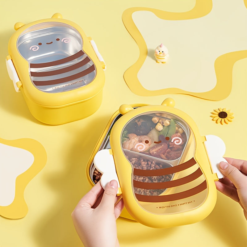 Leakproof Cartoon Bee Insulated Lunch Box - Stainless Steel Bento with Food-Grade Compartments, Thermal Meal Container for Students &amp; Workers, Hand Washable