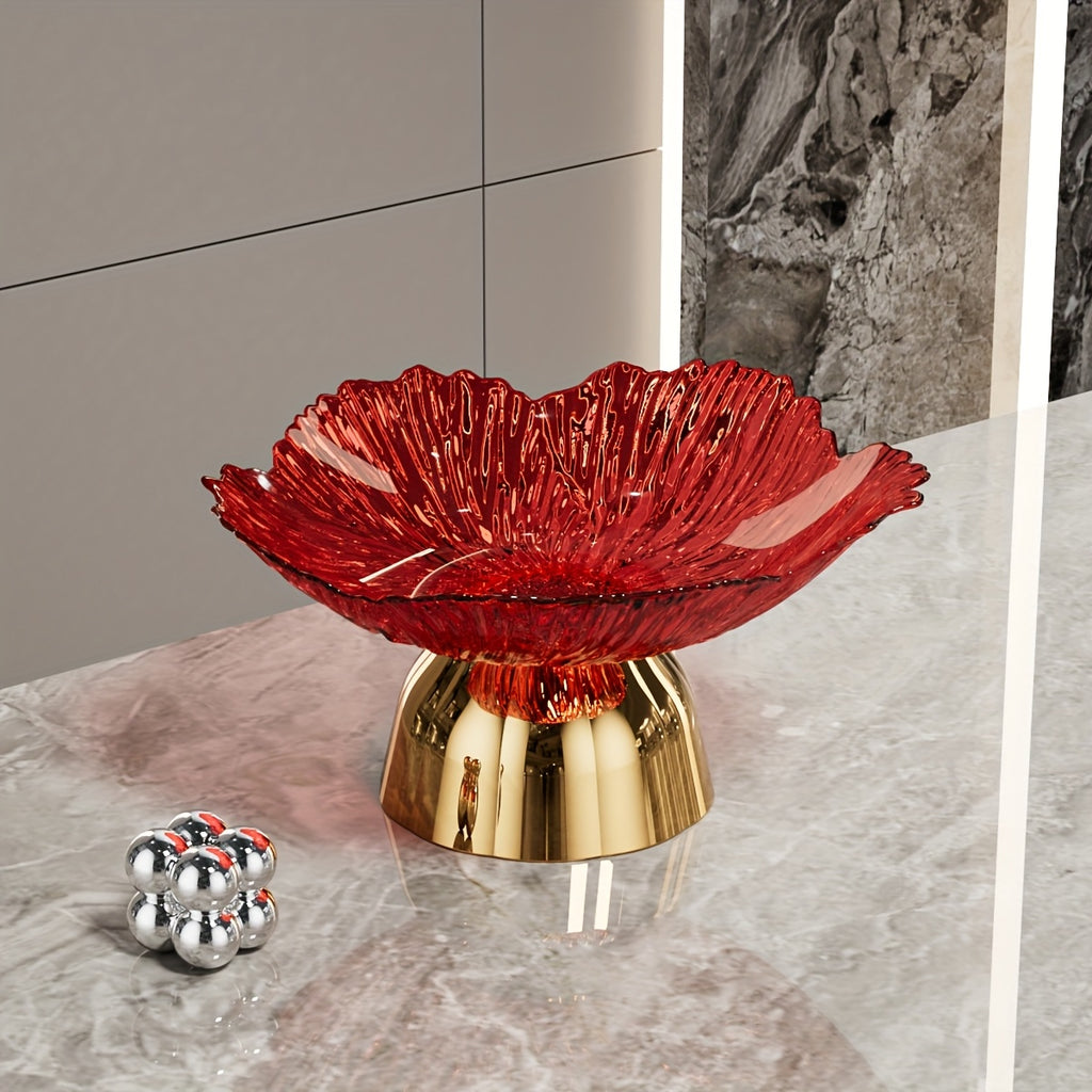 Bol à fruits élégant en forme de pétale Base dorée, plastique sûr pour aliments, idéal pour maison, fêtes ou restaurants, parfait pour servir raisins, pommes et oranges.