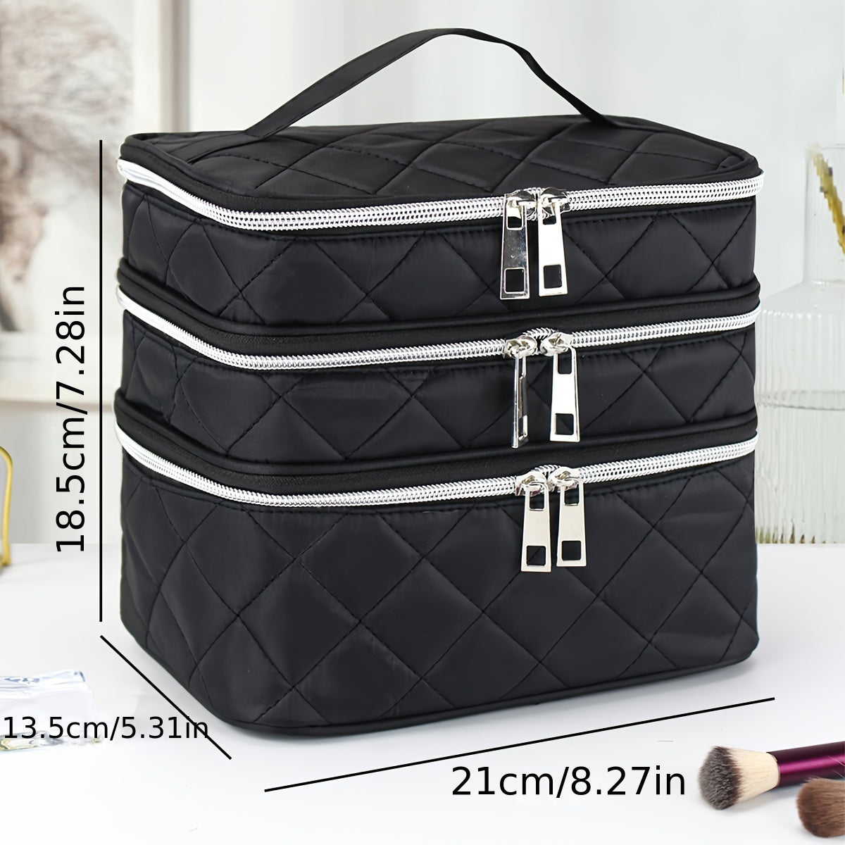 Large Capacity Black Rhombus &amp; Travel Organizer Handbag - 3-Tier/Double-Layer Portable Makeup Case with Golden-Tone Zippers, White Piping Trim, Durable Multi-Compartment Storage for, Spacious for Brushes, Lipstick, Electronic
