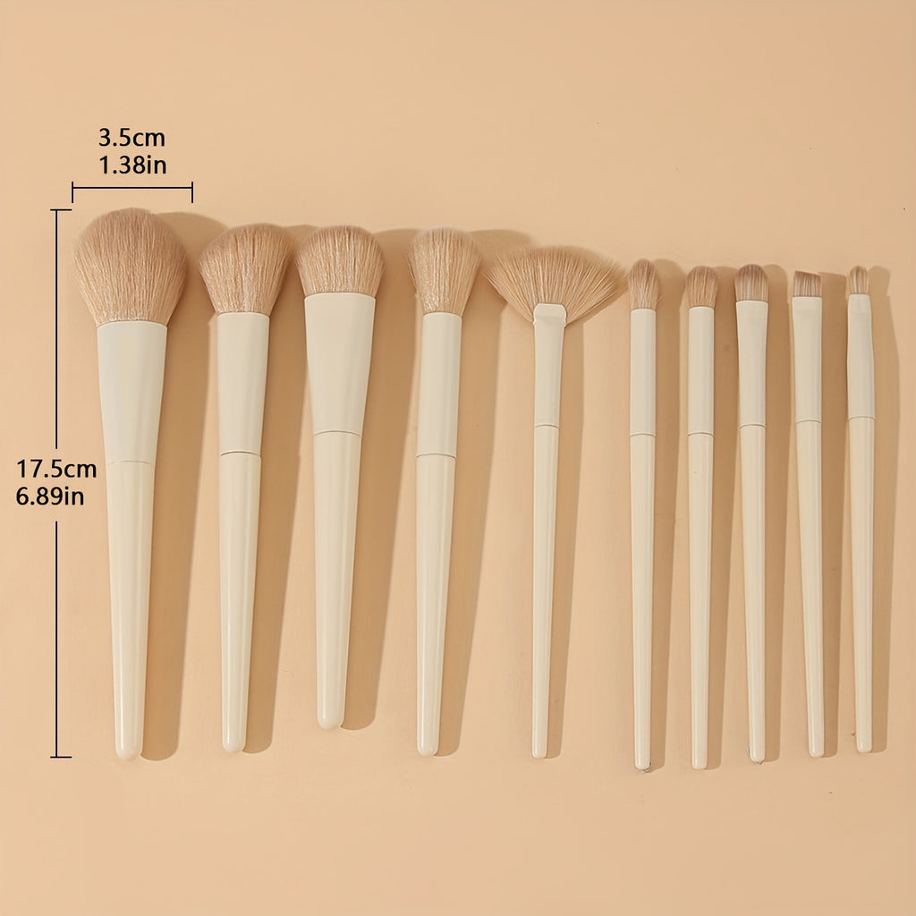 Set de 10 pinceaux maquillage avec étui cuir, poils doux hypoallergéniques, pour poudre, fond de teint, blush, yeux et highlighter, voyage pratique.