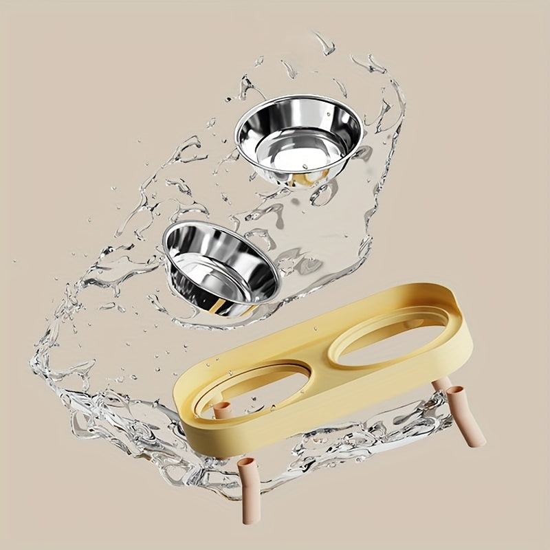 Bol double surélevé pour chats et chiens, acier inoxydable/plastique, barrière anti-éclaboussures, combine eau et nourriture pour confort et propreté.