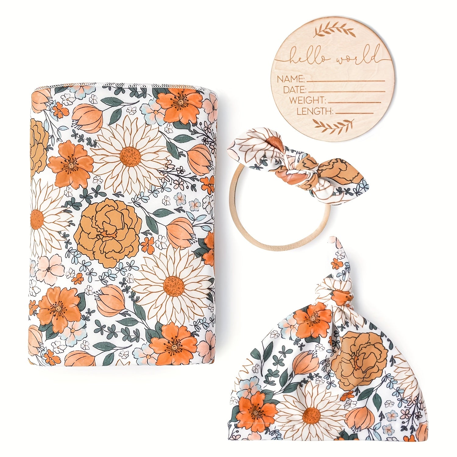 CINCOBEBÉ Newborn Swaddle Blanket &amp; Hat Set - Soft Polyester Baby Wrap with Floral Pattern, Machine Washable, Includes Headband &amp; Monthly Card, Perfect Gift for Boys and Girls, Newborn Essentials|Floral Pattern Blanket|Polye