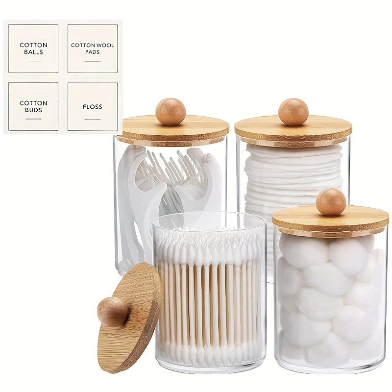 4 Pack Vintage Style 10 Oz Clear Plastic Apothecary Jars with Window-View And Wooden Lids - Bathroom Vanity Makeup Organizer Storage for Swabs, Pads, Buds, Floss, Storage Bins for Home Organization, Baskets, Bins &amp; Containers