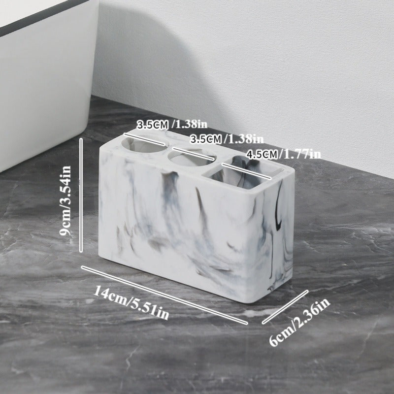 Porte-brosses à dents en résine 3 compartiments Design marbré avec touches dorées, rangement stable pour brosses et dentifrice, accessoire durable et élégant pour salle de bain.