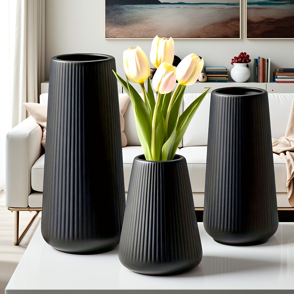 مجموعة من 3 مزهريات اسكندنافية غير قابلة للكسر - مزهريات زهور بلاستيكية منقوشة لطاولة الطعام، ديكور منزلي باللونين الأسود والأبيض، قطعة مركزية بسيطة للزهور الاصطناعية (24.89 سم/20.07 سم/13.97 سم) هدية