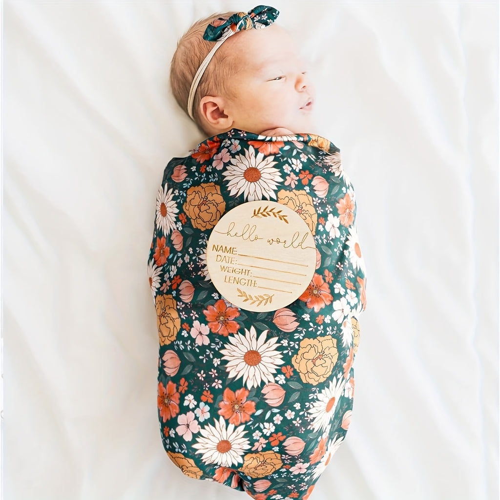 CINCOBEBÉ Newborn Swaddle Blanket &amp; Hat Set - Soft Polyester Baby Wrap with Floral Pattern, Machine Washable, Includes Headband &amp; Monthly Card, Perfect Gift for Boys and Girls, Newborn Essentials|Floral Pattern Blanket|Polye