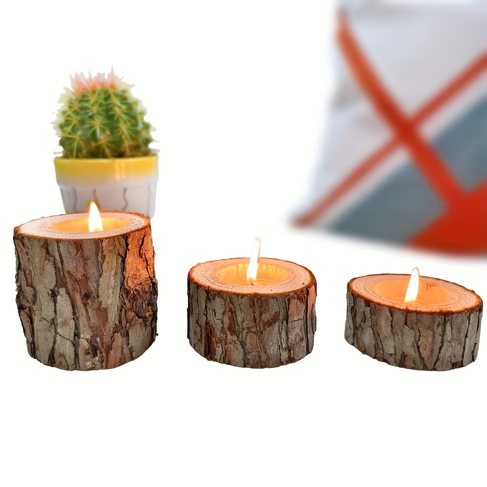 Rustic Wooden Candle Holder Set - 3 Sizes (3.0cm, 4.32cm, 6.86cm) for Holiday Decor, Perfect for Christmas, Halloween, Thanksgiving &amp; New Year's - Tabletop Display, No Batteries Required