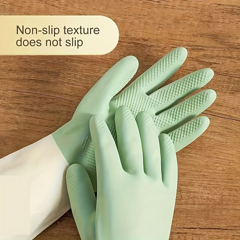 Gants de cuisine en latex épais : imperméables, antidérapants, beige et vert menthe. Parfaits vaisselle, nettoyage et usage domestique. Ergonomiques et durables.