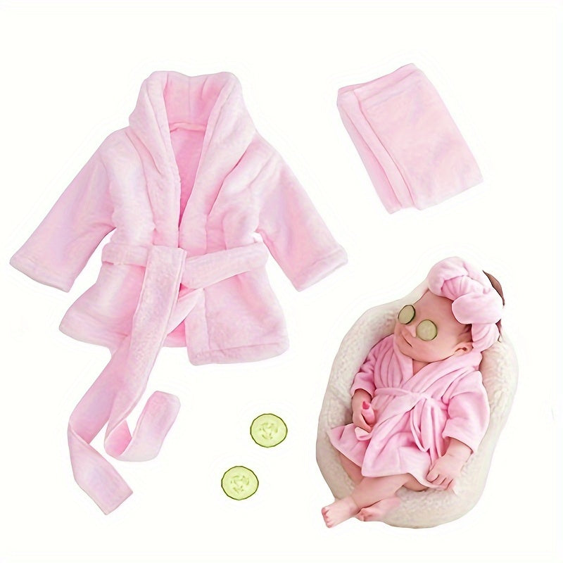 2pcs/set Newborn Baby Girl Photoshoot Outfit - Cozy Flannel Hooded Robe with Belt &amp; Matching Towel Set, Perfect for First Bath &amp; Keepsake Gifts, Photography Accessories, Dress Up Clothes