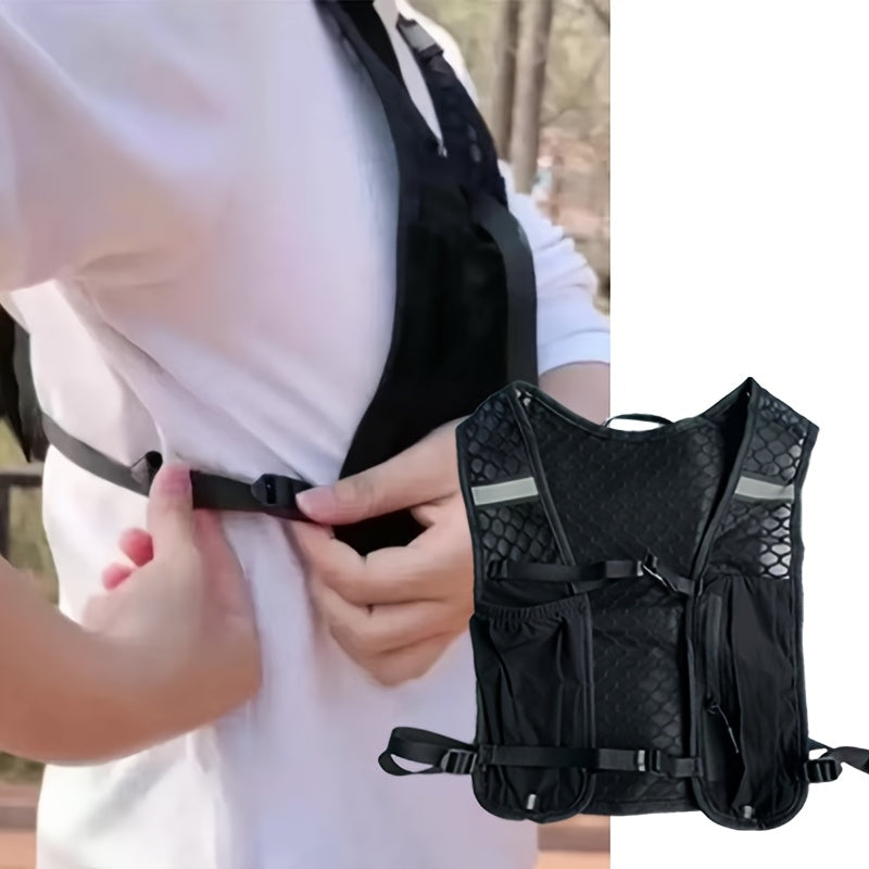 Sac à dos sportif type gilet avec poches multiples, mesh respirant, design ergonomique, idéal pour course, randonnée et hydratation mains libres.