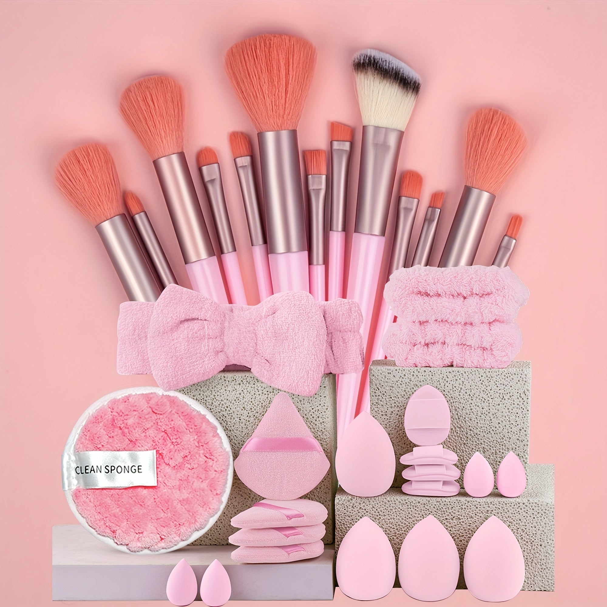 13/20/33pcs Professional Makeup Brush Set with Accessories Kit Includes High-Quality Nylon Bristled Brushes, Headband, Wristbands, Makeup Remover Puff, Triangular Velvety Puffs, Finger Puffs, Large &amp; Small Beauty Sponges ABS