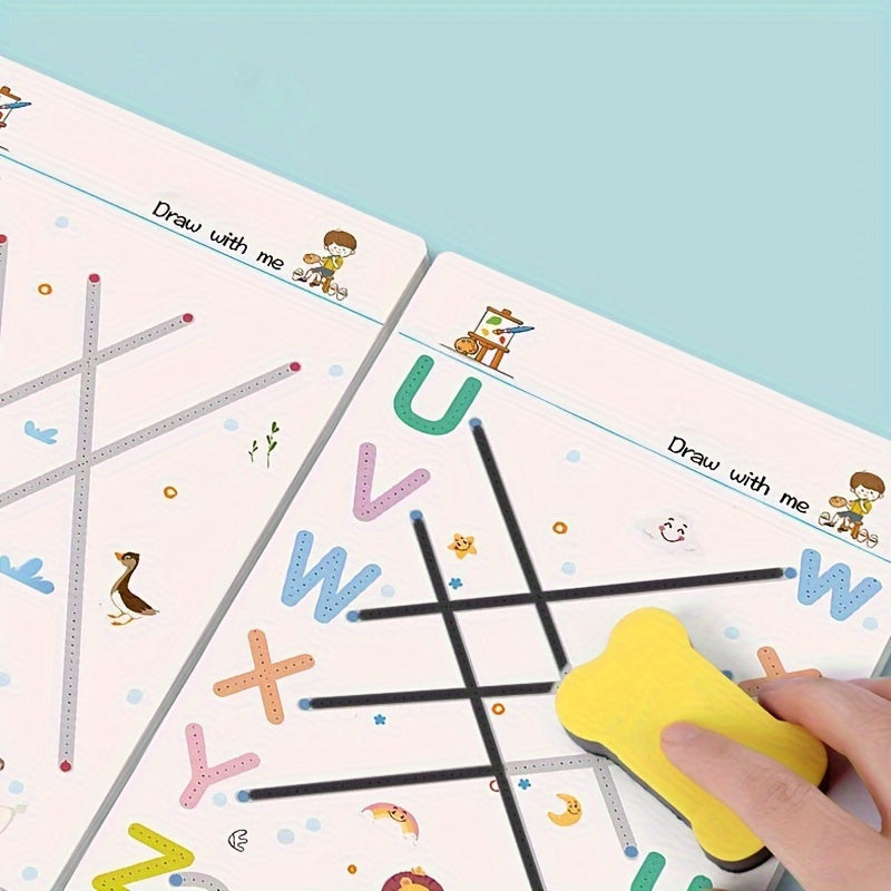 Cahier magique 32 pages, réutilisable, apprentissage lettres, chiffres et formes, style tableau blanc, idéal maternelle et cadeaux éducatifs.