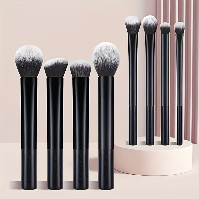 Set portable de 8 pinceaux maquillage, manches synthétiques légers et résistants, poils doux de qualité supérieure, couleurs variées.