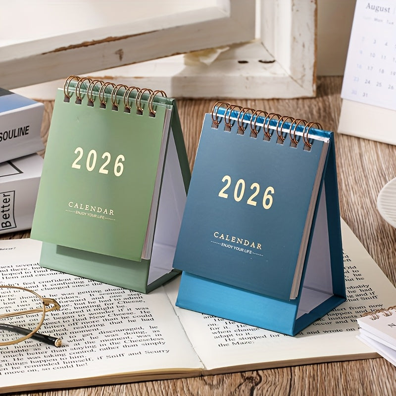 Mini calendrier de bureau 2026, planificateur mensuel et hebdomadaire, papier épais 250 g/m², reliure double spirale, compact et élégant pour maison ou bureau.