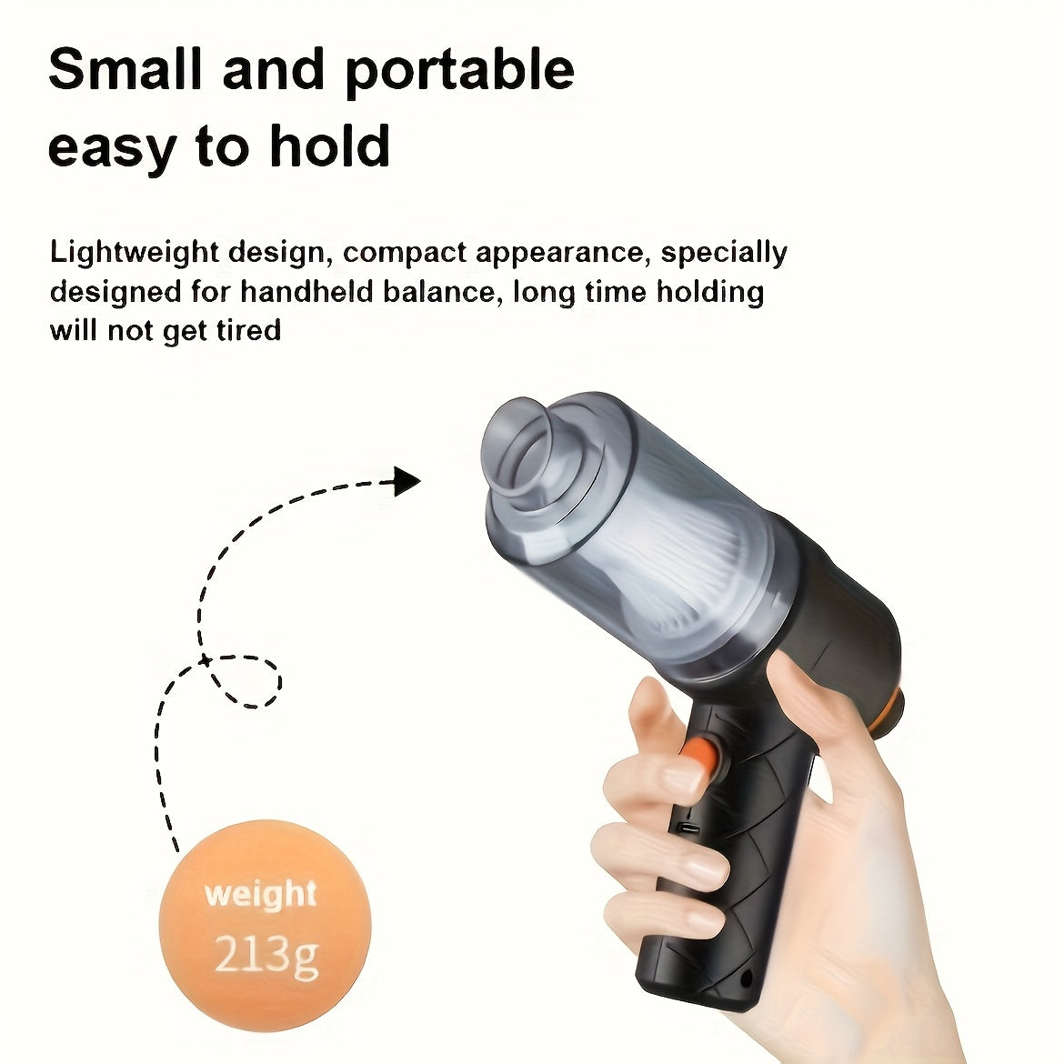 Aspirateur de voiture sans fil mini, compact et léger, forte aspiration pour poils d’animaux et débris, charge USB, corps plastique avec filtre en mousse.