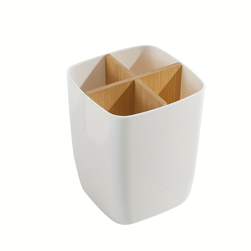 1pc Bamboo-Like Plastic Desk Organizer with Pen Holder &amp; Jewelry Storage - 3/4 Compartment Standalone Multi-Purpose Box for Office, Bathroom, Bedroom - Storage Shelf for Earrings, Rings, Makeup, Small Items (Low, Desk &amp; Drawe