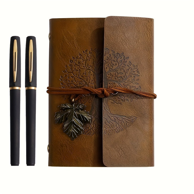 Coffret 3 pièces : carnet spiral vintage en cuir PU et 2 stylos gel noir et doré, design arbre, idéal pour écriture, croquis et voyage.