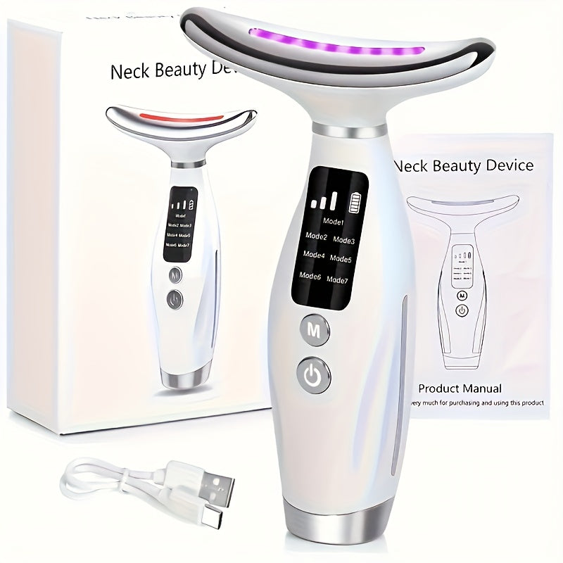 Appareil de soin visage et cou rechargeable, 7 modes, massage vibrant et chauffant, design ergonomique, améliore routine beauté à domicile.