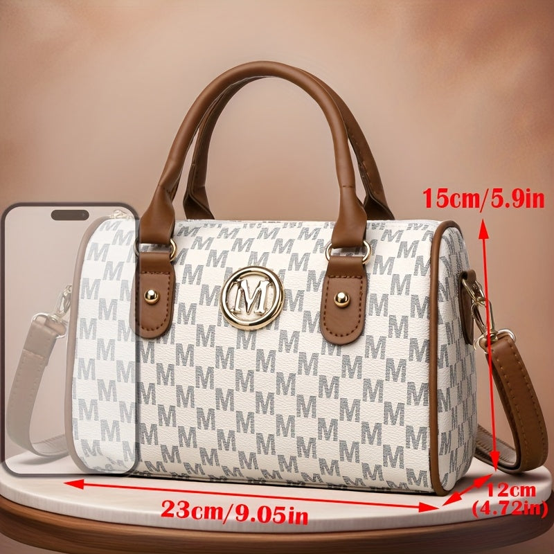 Perfect Lily Women'S Mini Shoulder Bag with Golden "M" Monogram - Elegant Houndstooth Design, Detachable Strap, Lightweight Synthetic Faux Leather Purse for Work, Travel, Parties &amp; Gifts (White/Black/Brown), Small Crossbody B